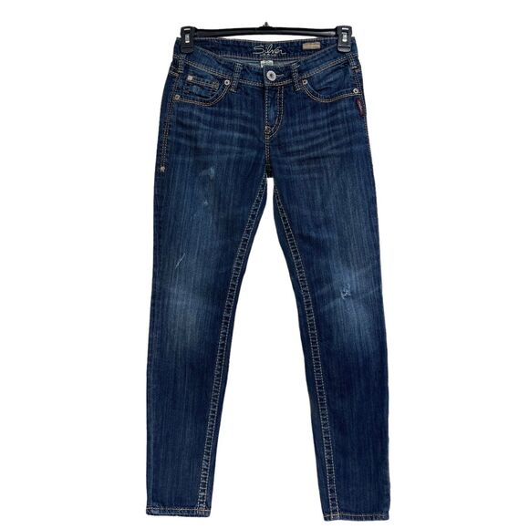 Silver SZ W27/L31 Kellii Boyfriend Relaxed Skinny Jeans Mid-Rise Distressed Blue - Picture 1 of 11